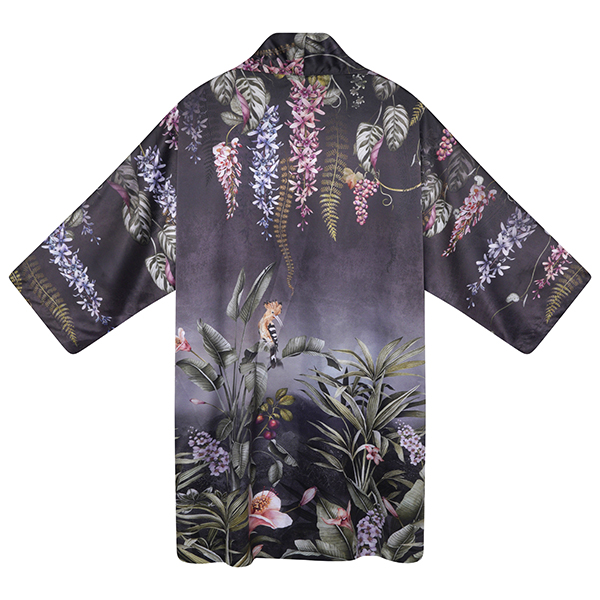 Vegan silk kimono in stunning Gardens of Petra design in charcoal with pops of colour in the flowers and birds