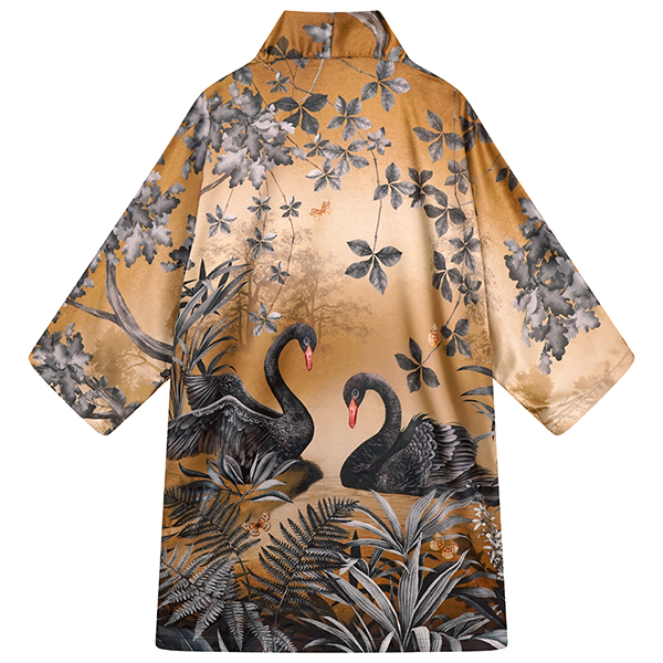 Vegan silk kimono in beautiful golden lake scene with a pair of ebony swans on the back