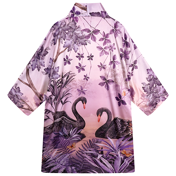 Vegan silk kimono in beautiful lilac lake scene with a pair of ebony swans on the back