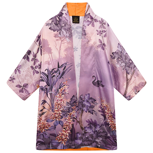 Vegan silk kimono in beautiful lilac lake scene with a pair of ebony swans on the back