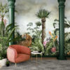 Caspian Jungle wall mural showing a tiger and painted storks in a green jungle scene