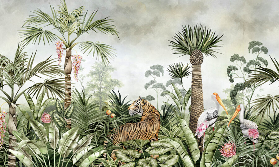 Caspian Jungle wall mural showing a tiger and painted storks in a green jungle scene