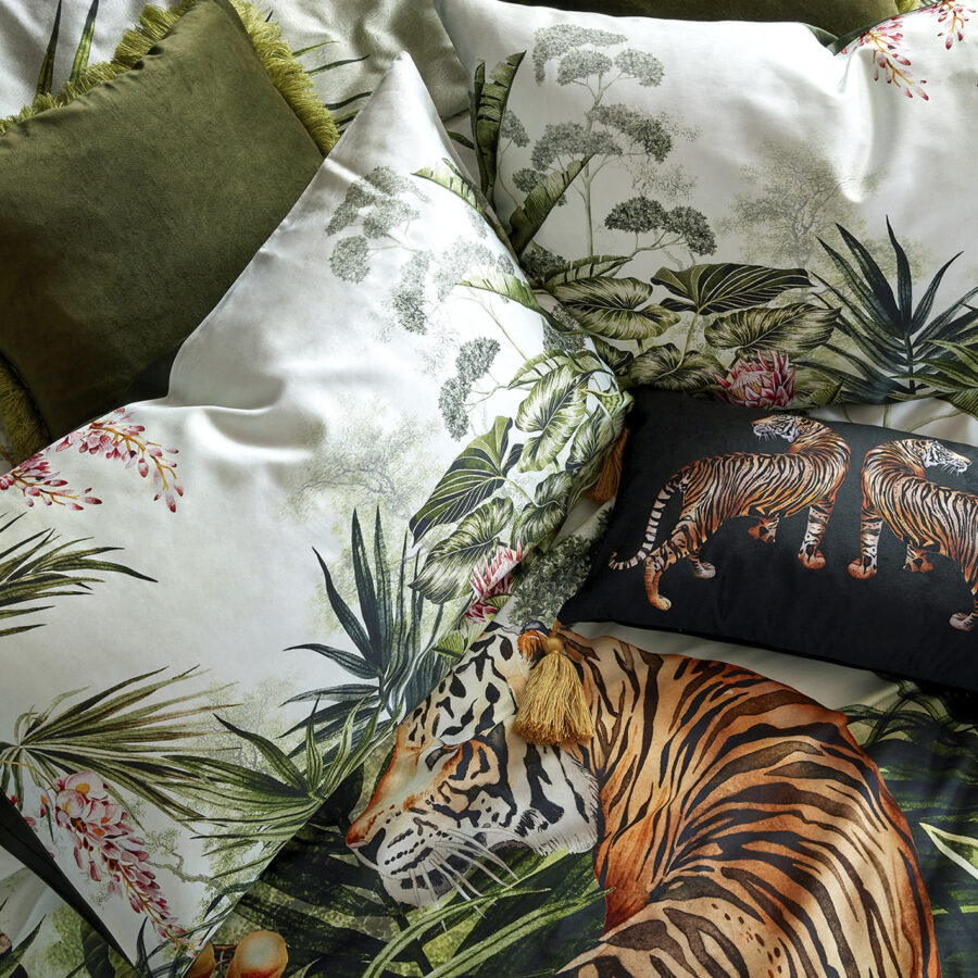 The Tiger Tiger cushion on the Caspian jungle daybreak bedset
