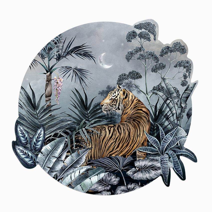 Caspian Tiger wall decal with a prowling tiger surrounded by blue foliage