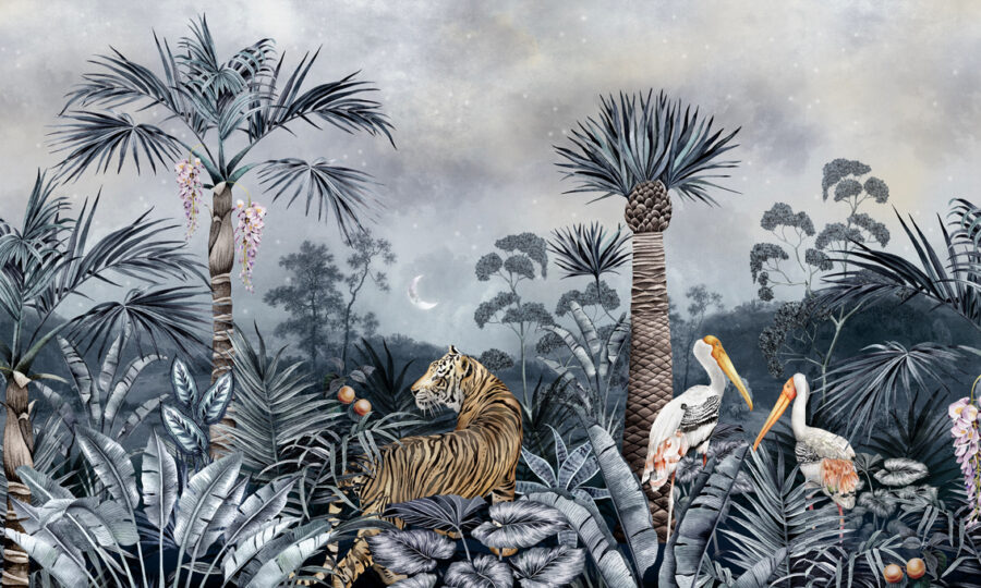 Caspian Jungle wall mural showing a tiger and painted storks in a midnight blue jungle scene