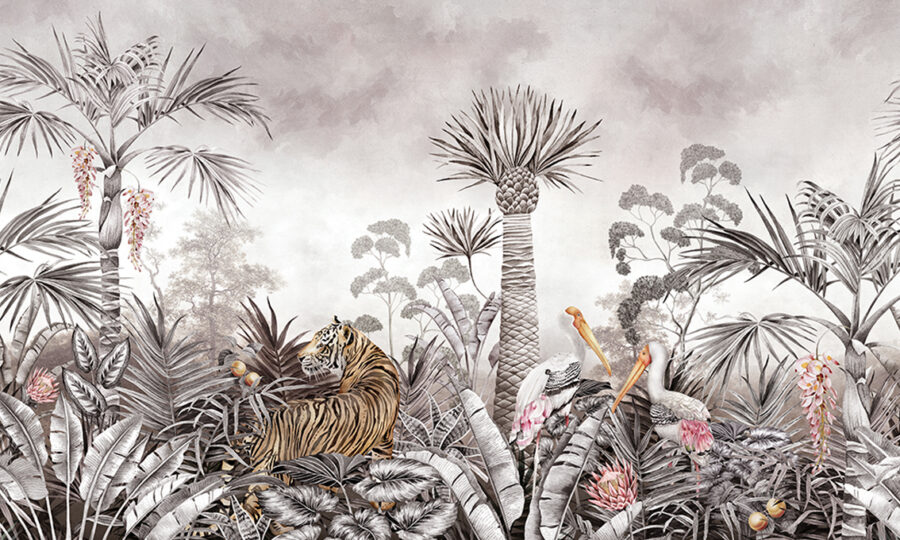 Caspian Jungle wall mural showing a tiger and painted storks in a soft grey misty morning jungle scene