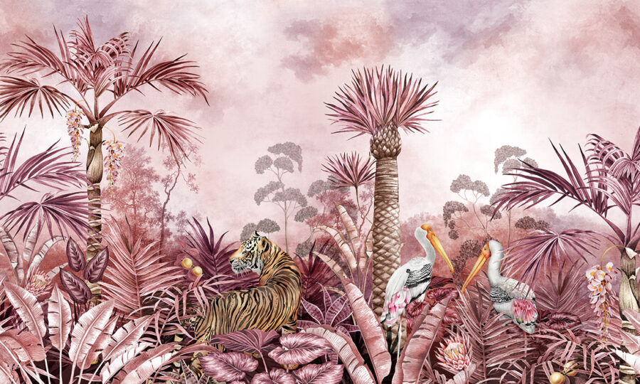 Caspian Jungle wall mural showing a tiger and painted storks in a rich fuchsia jungle scene