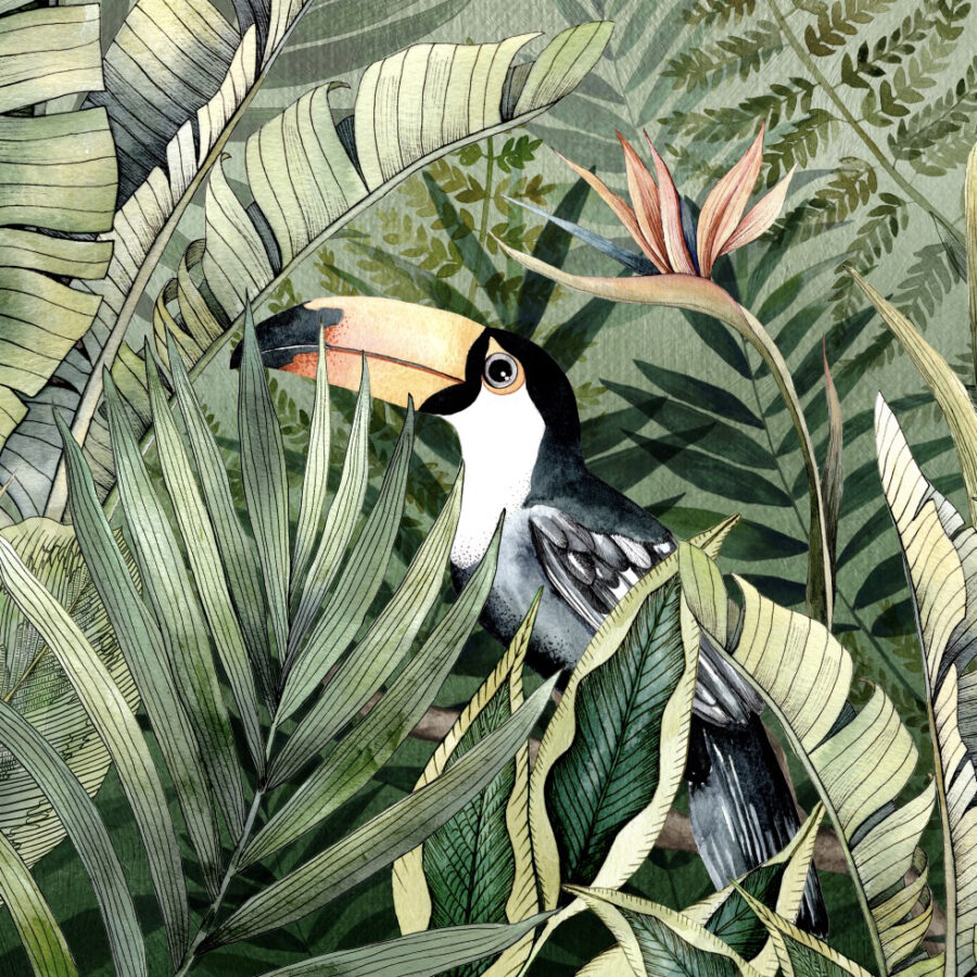 The cloud forest wall mural is a lush tropical jungle scene with two toucans sat amongst the leaves