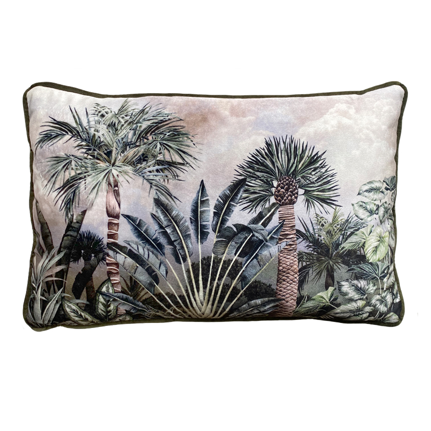 handprinted rainforest scene on velvet cushion