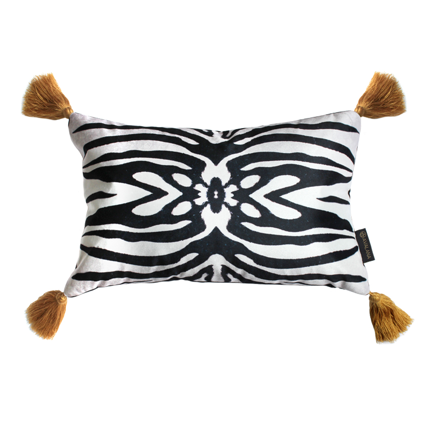 Zebra print velvet cushion with tassels