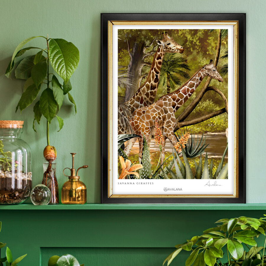 Savanna Giraffes art print in a frame on a shelf