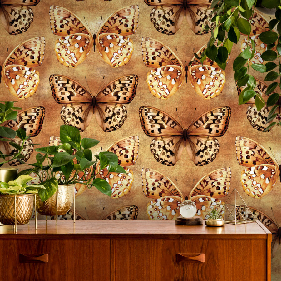 Golden Papilio wallpaper in hallway with foliage