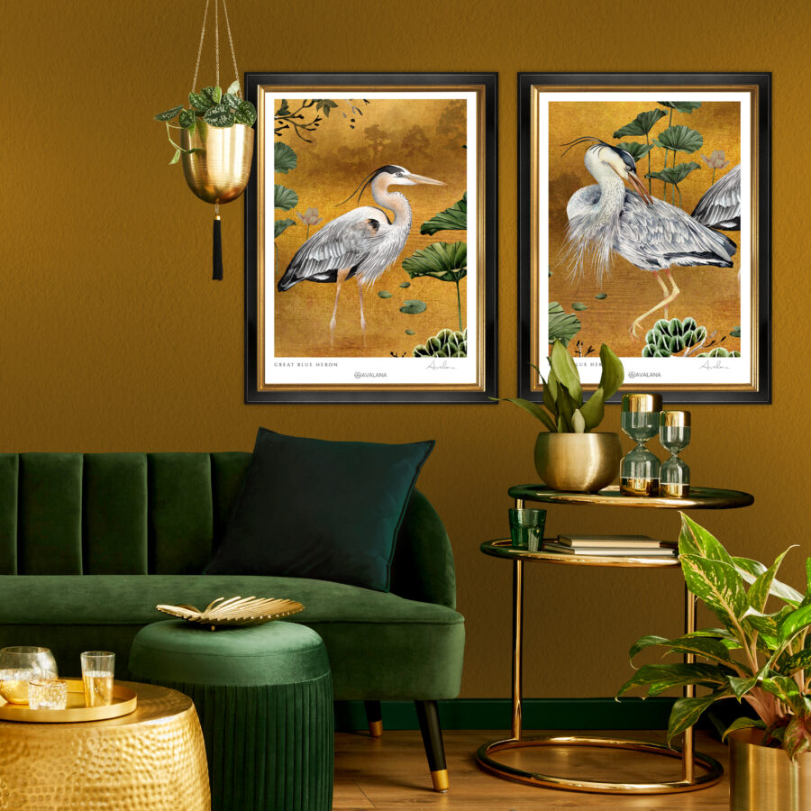 set of two art prints of herons wading through a lily pond