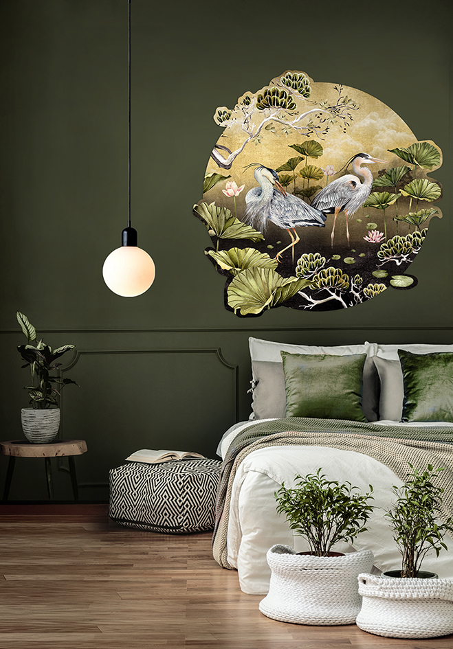 Wall decals are a great way of adding interest and pattern into you home or interior setting without having to wallpaper a full wall. The exquisitely hand painted scene depicts 2 great blue herons wading through a golden lit lily pond.