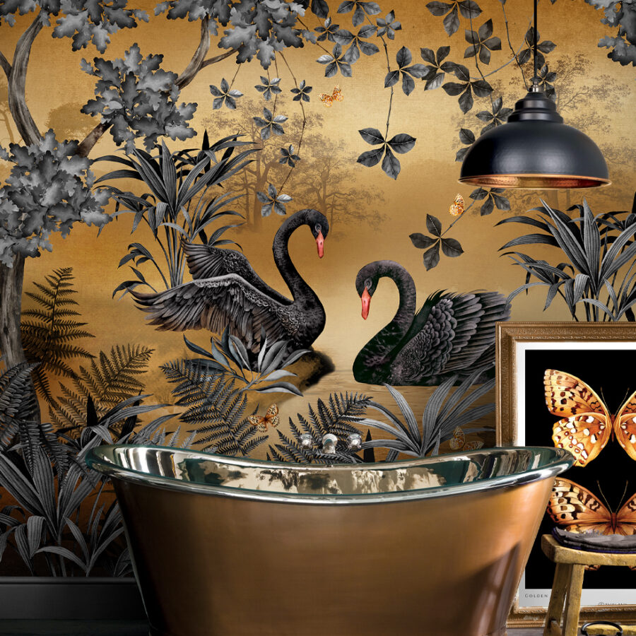 The Lake Santharia wall mural in gold is truly radiant, depicting a pair of majestic black swans as they meet on a beautiful lake