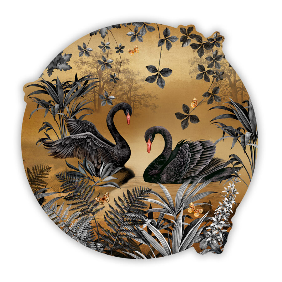 two majestic Black Swans as they greet each other on the edge of a golden lake, surrounded by watercolour fronds.