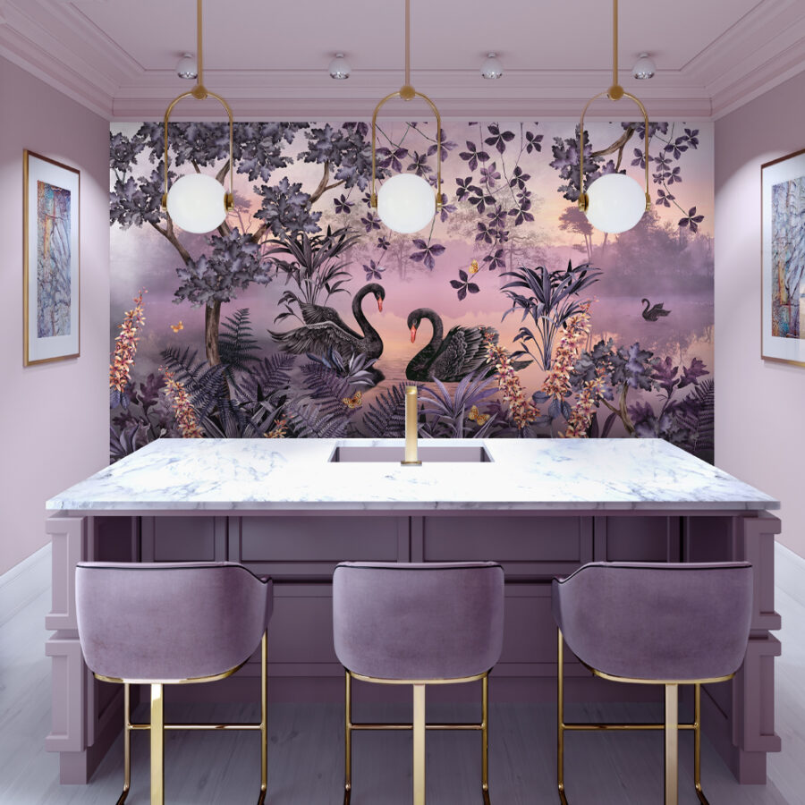 The Lake Santharia wall mural in gold is truly radiant, depicting a pair of majestic black swans as they meet on a beautiful lake