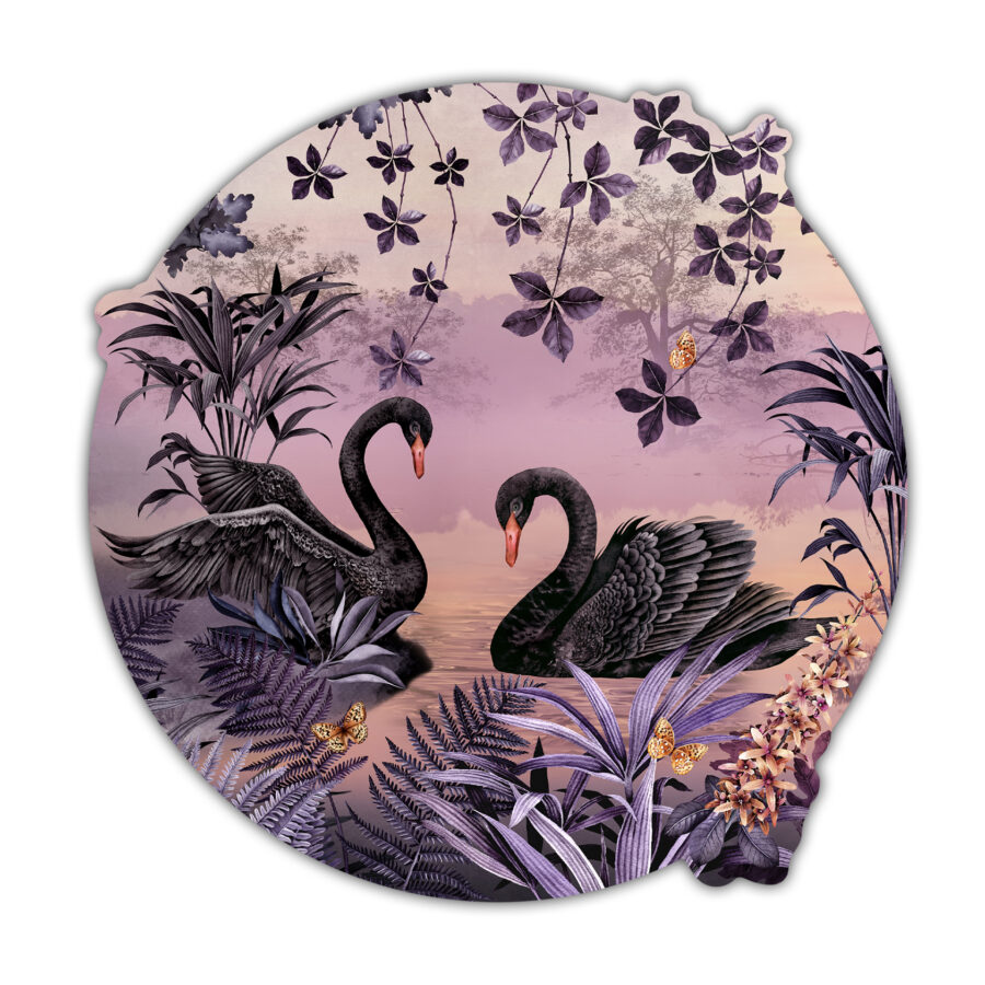 two majestic Black Swans as they greet each other on the edge of a lake at dawn, surrounded by watercolour fronds.