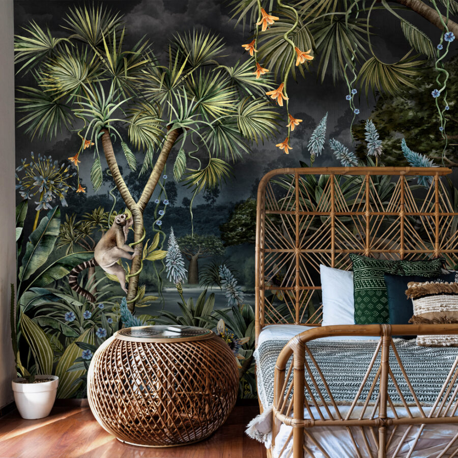 Madagascar Midnight wall mural depicts the quirky ring-tailed lemur climbing trees in a beautiful rainforest scene