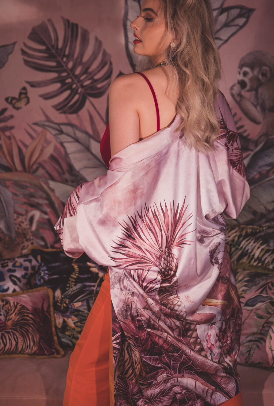 Pink jungle and tiger print kimono in vegan silk