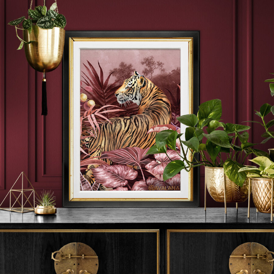 Pink Jungle Art Print with Tiger detailed watercolour illustration