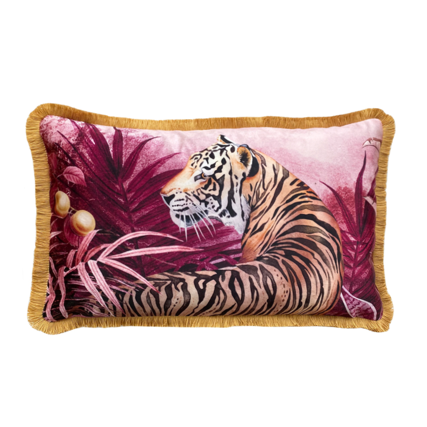 Pink and orange jungle velvet cushion