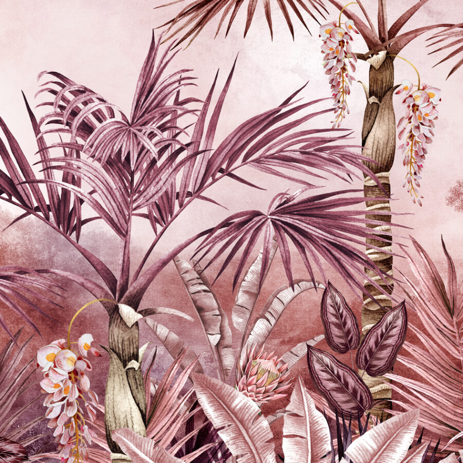 Caspian Jungle wall mural showing a tiger and painted storks in a rich fuchsia jungle scene