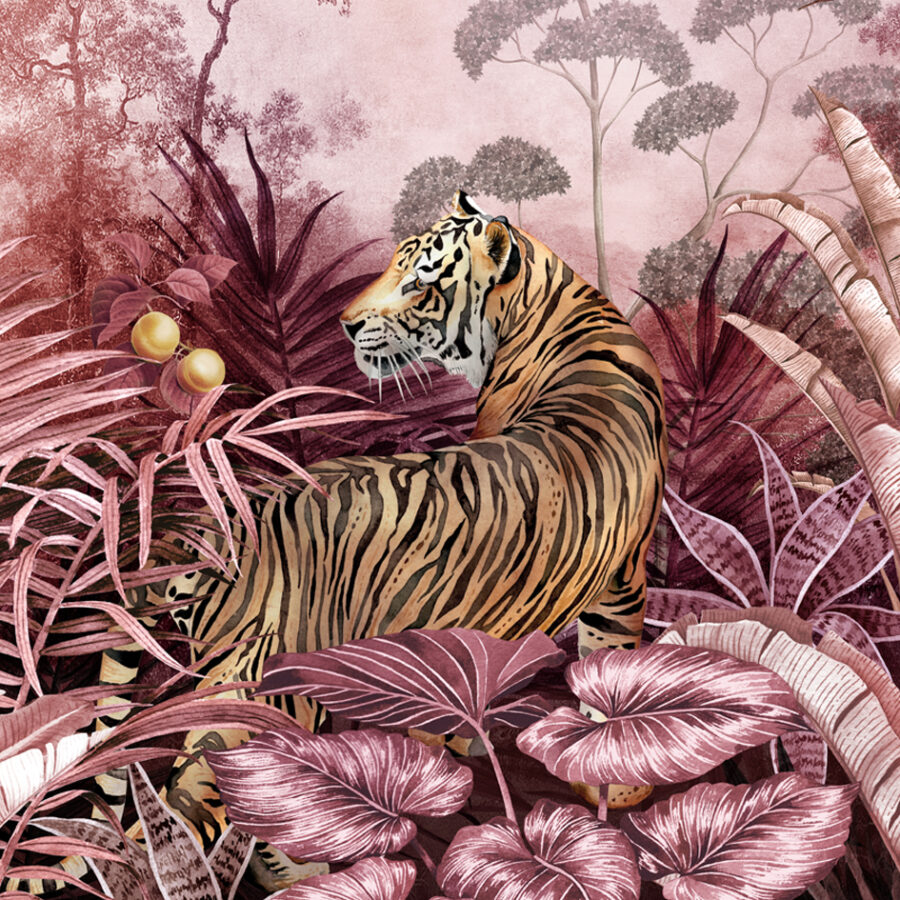 Caspian Jungle wall mural showing a tiger and painted storks in a rich fuchsia jungle scene