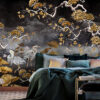 Black and gold wall mural with two herons wading through a lily pond