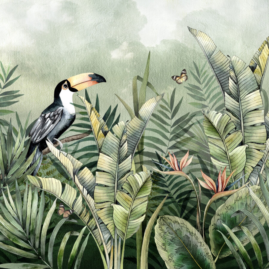 The cloud forest wall mural is a lush tropical jungle scene with two toucans sat amongst the leaves