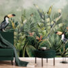 The cloud forest wall mural is a lush tropical jungle scene with two toucans sat amongst the leaves