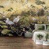 Golden Orient wall mural with two herons wading through a lily pond