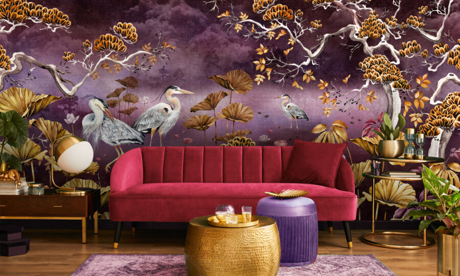 Plum Orient wall mural with two herons wading through a lily pond