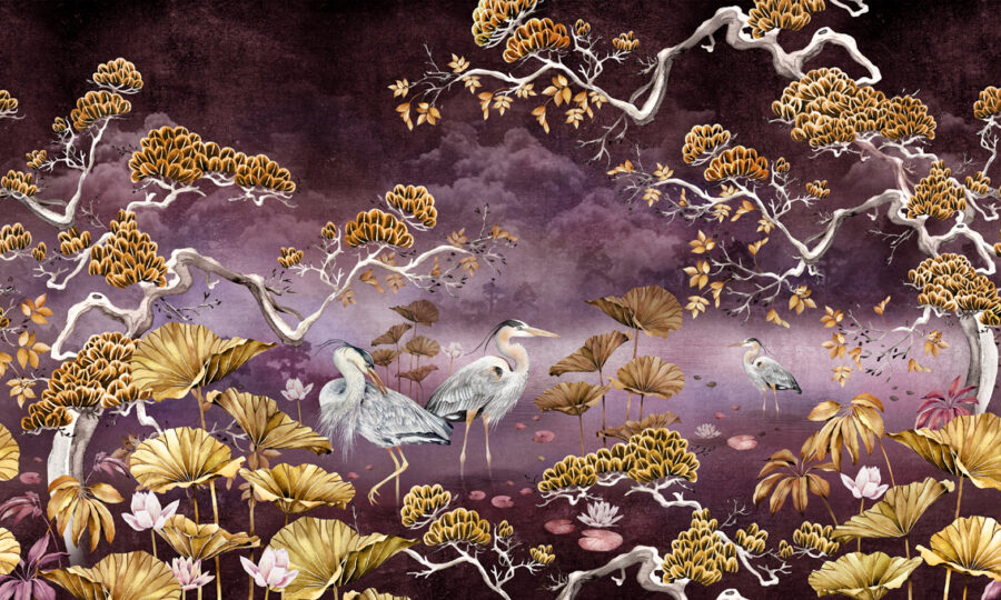 Plum Orient wall mural with two herons wading through a lily pond