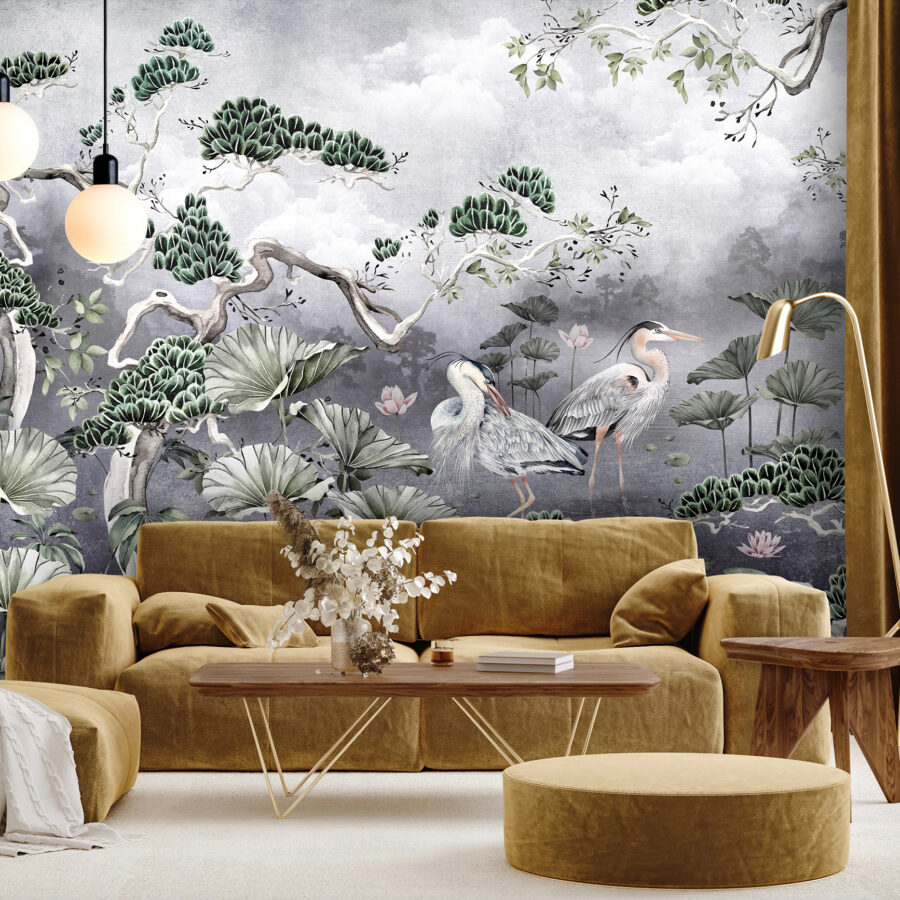 Silver wall mural with two herons wading through a lily pond