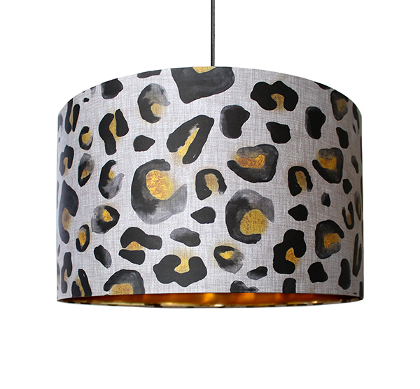 inky Leopard print in natural colours on gold lined lampshade
