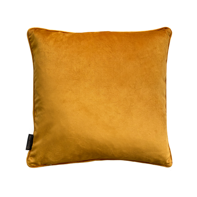Neutral leopard print velvet cushion with pops of mustard