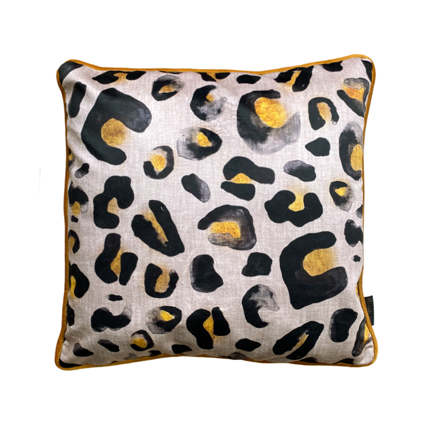 Neutral leopard print velvet cushion with pops of mustard