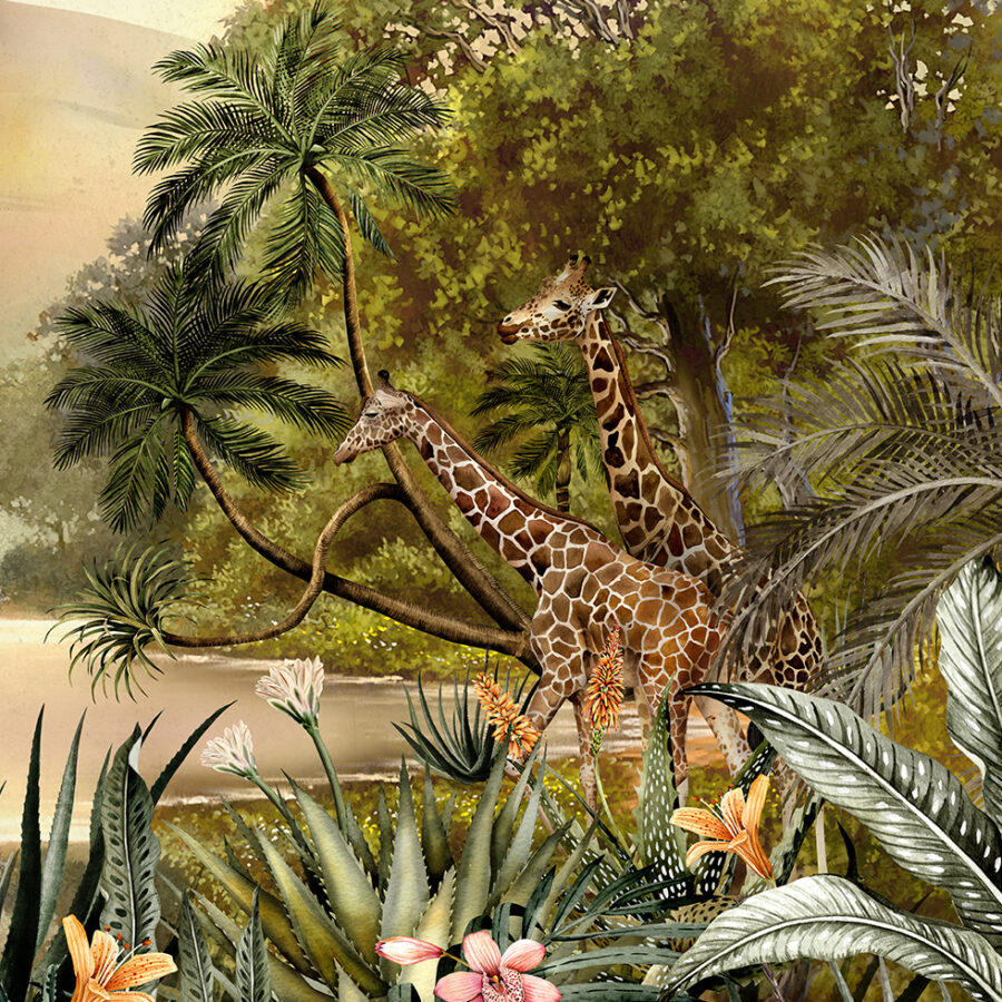 The Savanna Sunrise mural depicts wild zebra and giraffe as they gather around a desert oasis