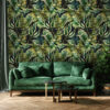Dark Tropics wallpaper in living room with green sofa