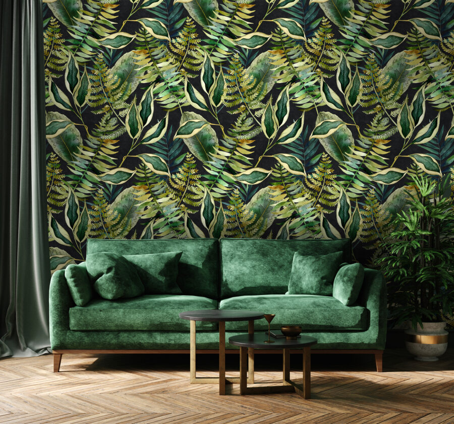 Dark Tropics wallpaper in living room with green sofa