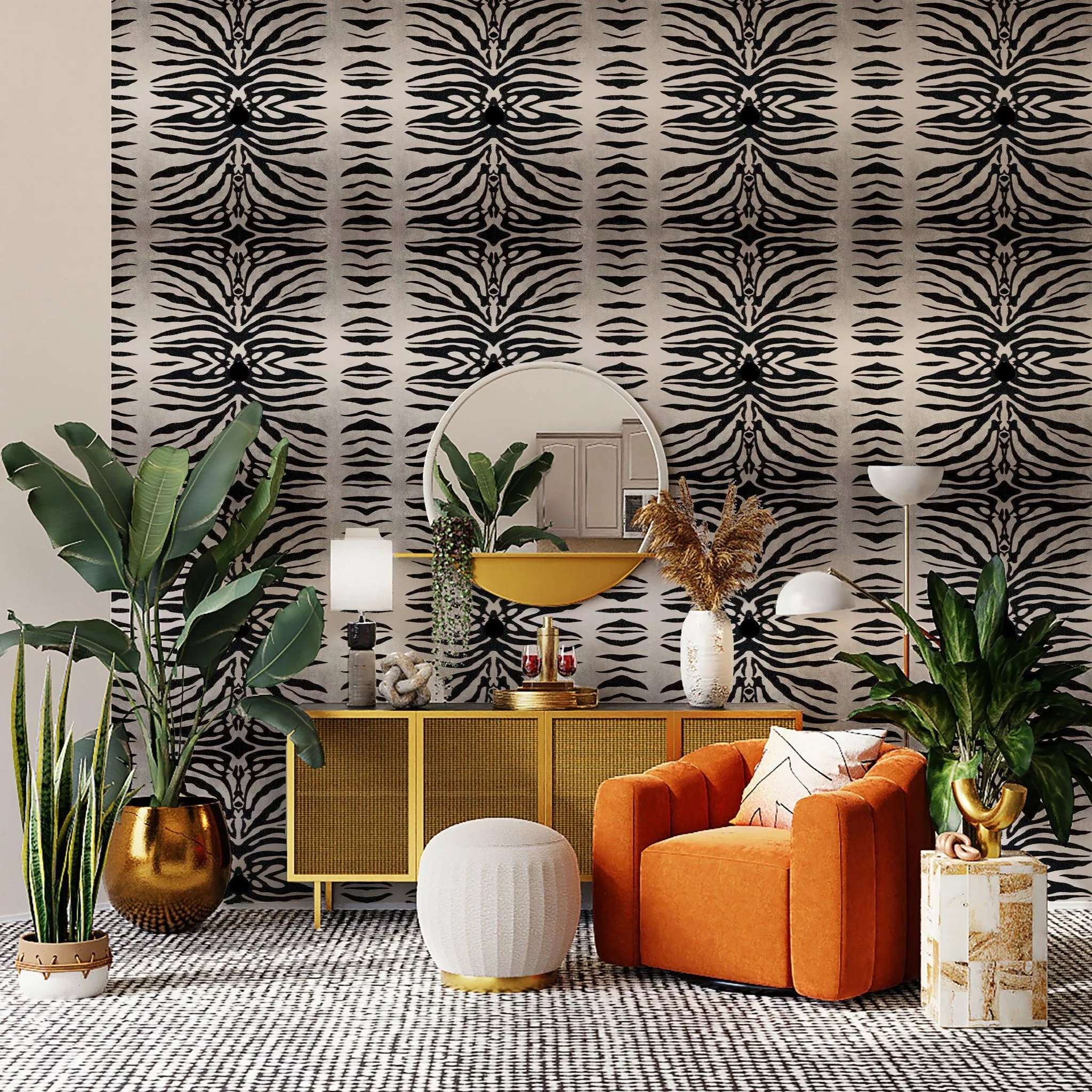 Avalana Design Zebra print wallpaper with orange accent chair