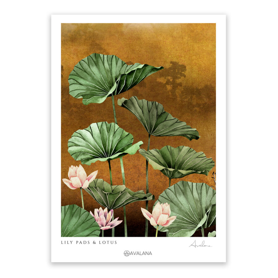 Green lily pads on gold background art print
