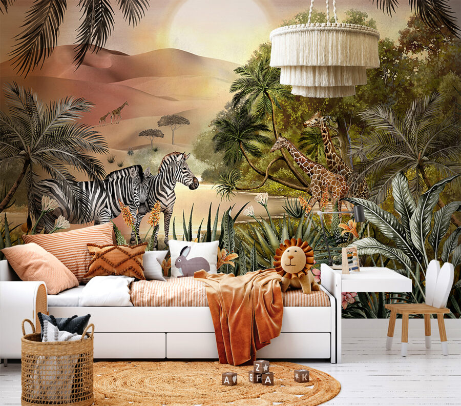 Avalana Savanna Sunrise wall mural in a childs room, styled with white furniture and safari decor