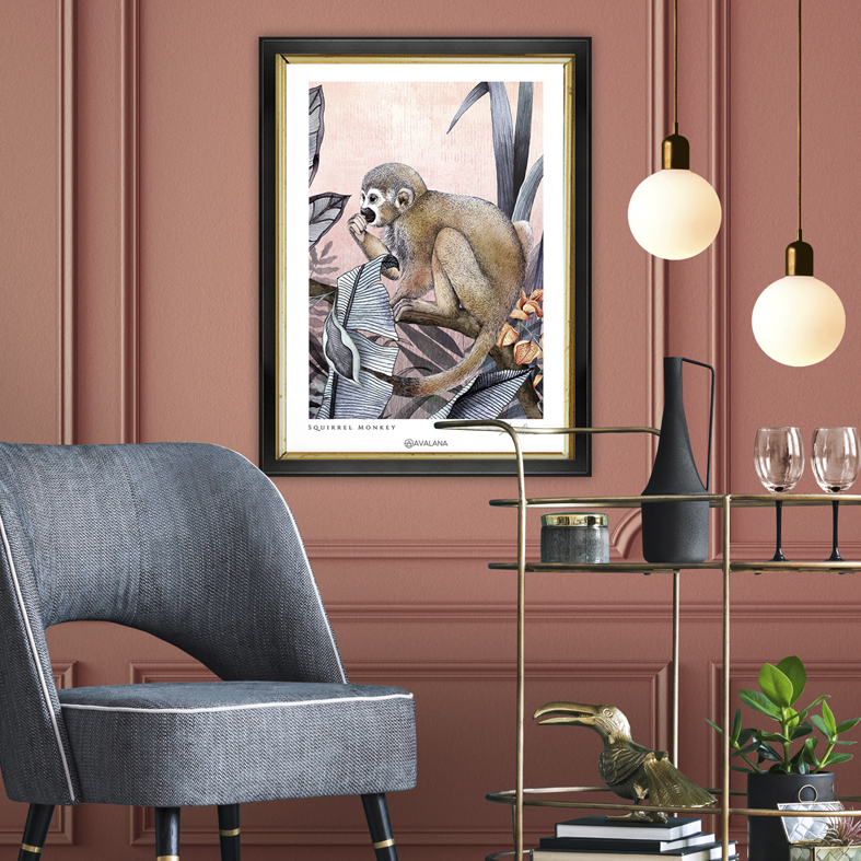 Squirrel Monkey art print in a frame on the wall in bar area
