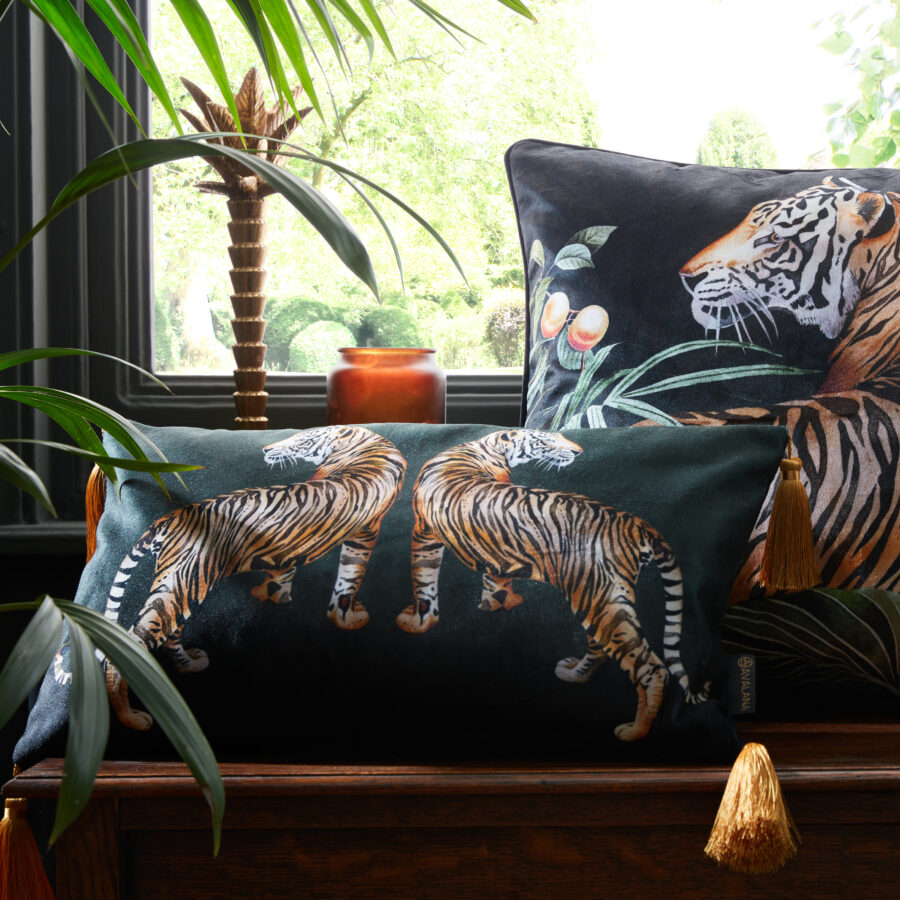 Black cushion with emerald green ombre featuring two hand painted tigers