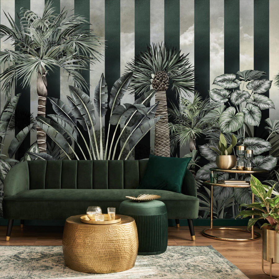 Rainforest Stripe Wall Mural on the wall in a living room. Bold stripes behind jungle foilage