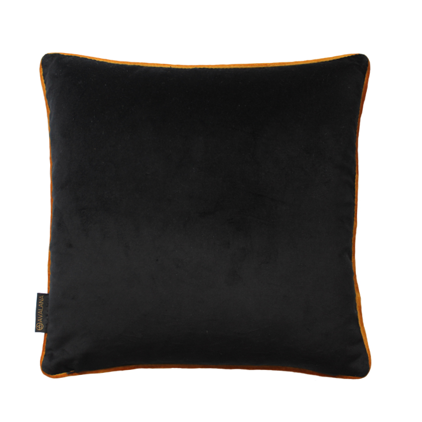 Dark Tropics back of cushion is black velvet with a mustard velvet piping trim