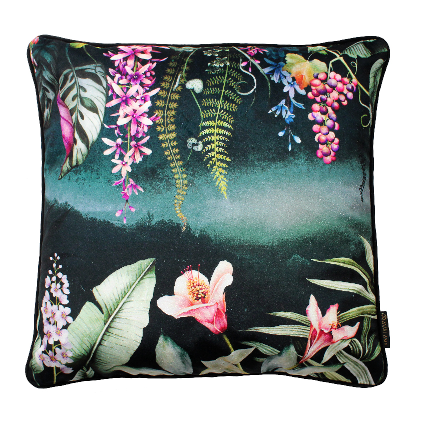 Hand painted fruit and florals on a cushion cover in deep teals and charcoal.