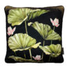 green lily pads and pink lotus flowers on velvet cushion